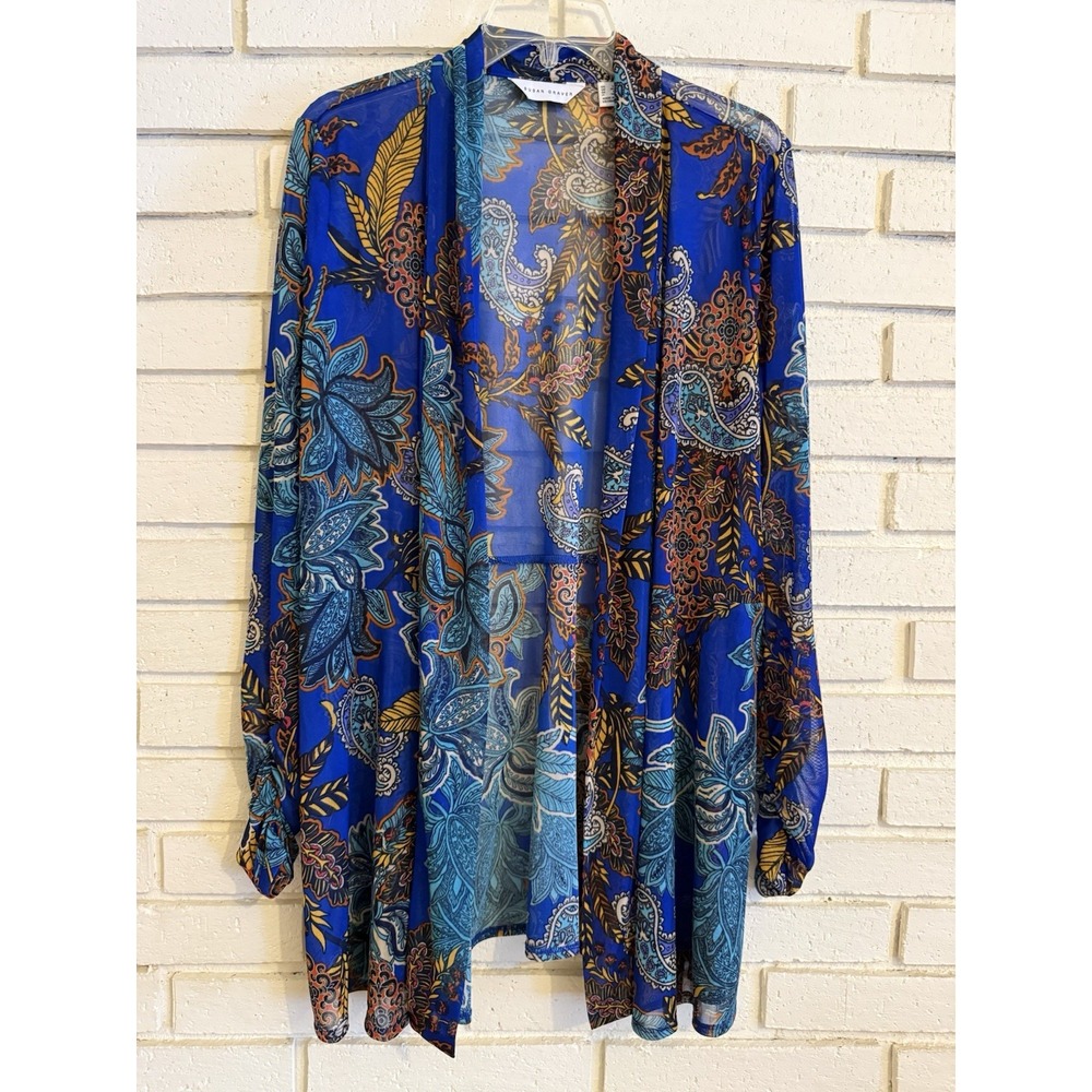 Susan Graver Paisley Sheer Open Front Cardigan Womens Size Large Blue Multi